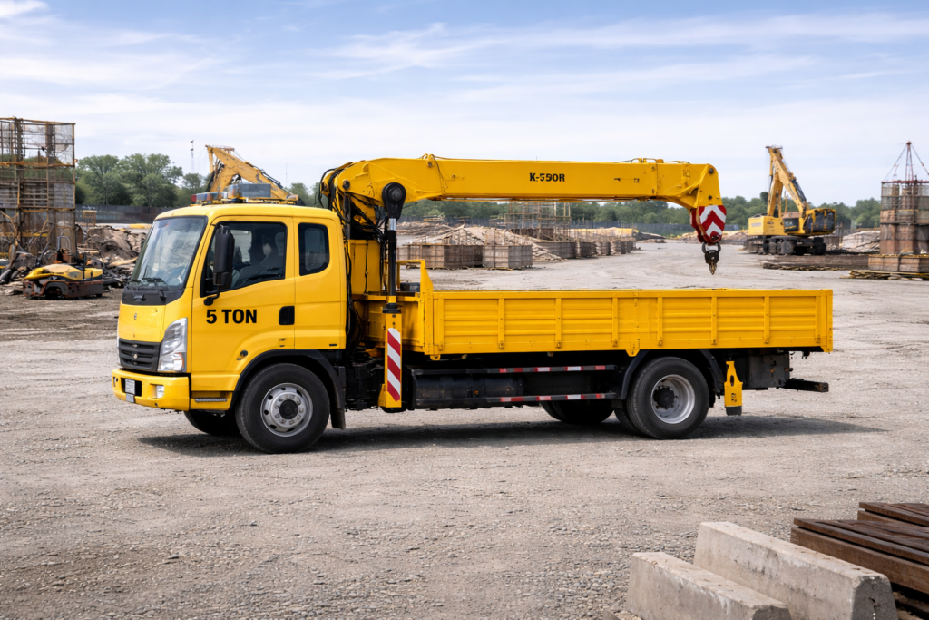 yellow 5 ton boom truck on site