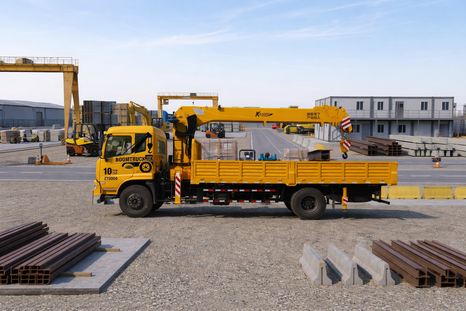 yellow boom truck in construction yard