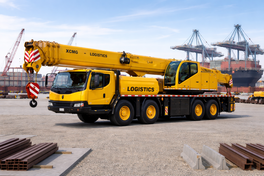 yellow mobile crane at shipping port