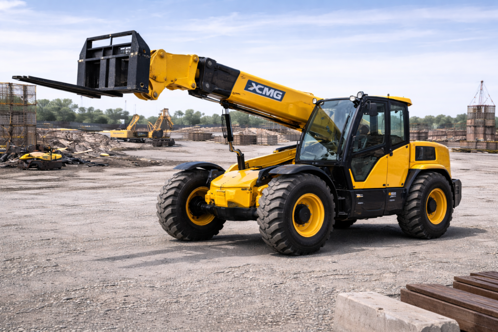 yellow telehandler at construction site