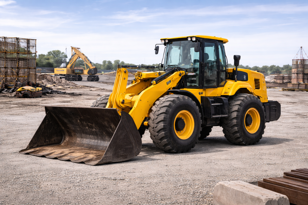 yellow wheel loader at construction site